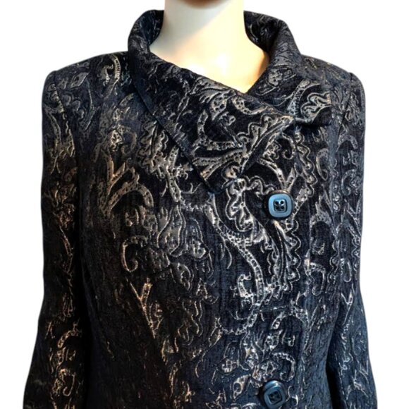 NWOT Linea Domani Black and Gold Jacquard Brocade Dress Coat Size 12 - Picture 1 of 9